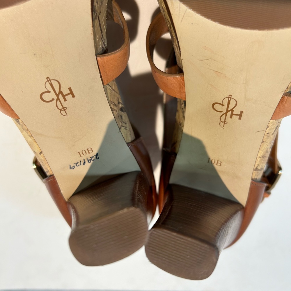 Cole Haan Sz 10 Jocelyn Strappy High Heeled Sandals Leather Brown Tan Wood Heel - Picture 7 of 10